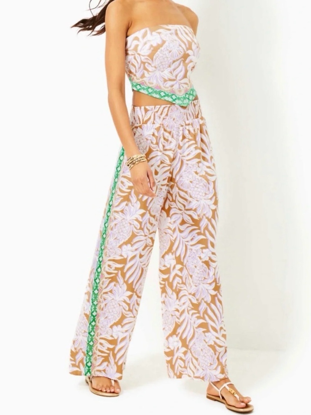 Lilly Pulitzer Tan & White Strapless Wide-Leg Jumpsuit with Green Trim set